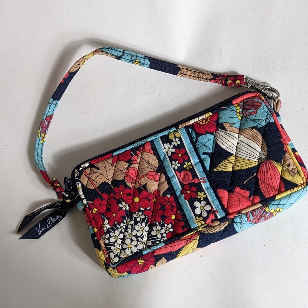 Vera Bradley Navy Floral Quilted Wristlet with Red, Turquoise & Yellow Accents